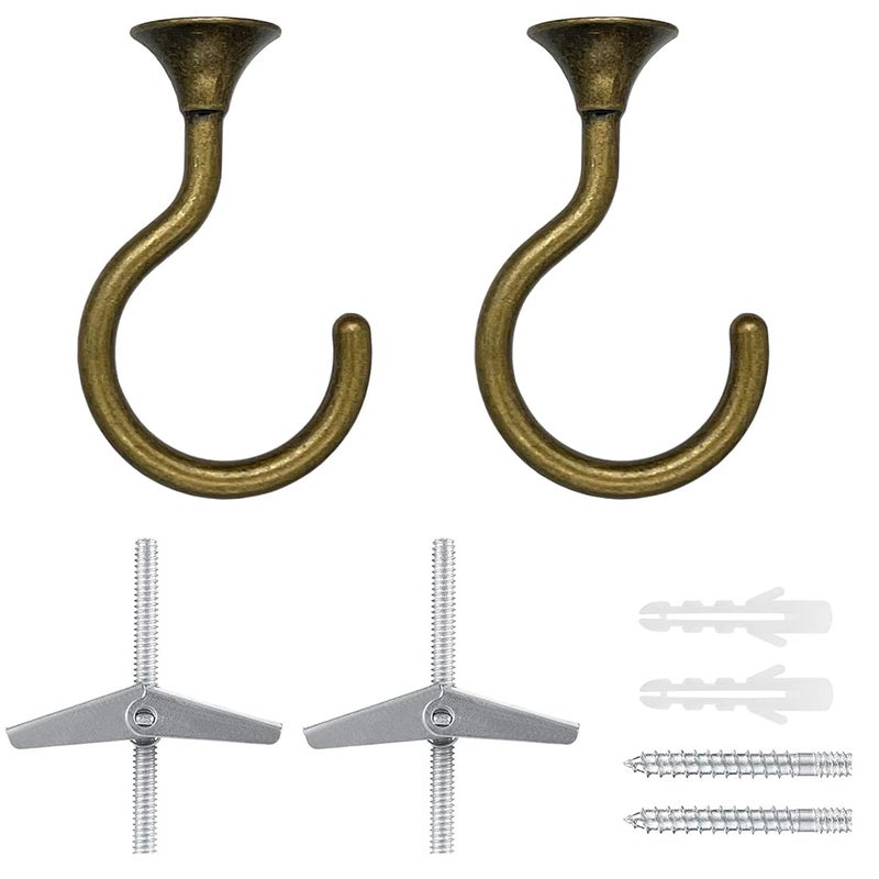 Evsteluo 2 Sets Large Swag Ceiling Hooks Heavy Duty Swag Hook with Hardware for Hanging Plants Ceiling Installation Cavity Wall Fixing (2 Sets  Antique Brass) - Image 1